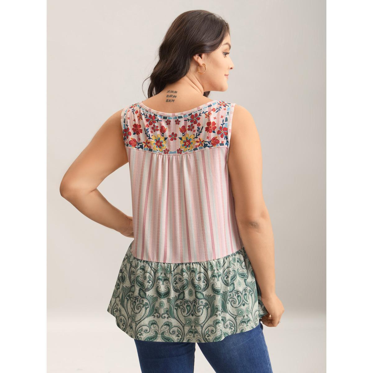 Plus Size Striped Print Spliced Ruffled Tank Top Women Multicolor Gathered Flat collar with V-notch Everyday-Elegant Tank Tops Camis BloomChic 14-16/1X Product Image