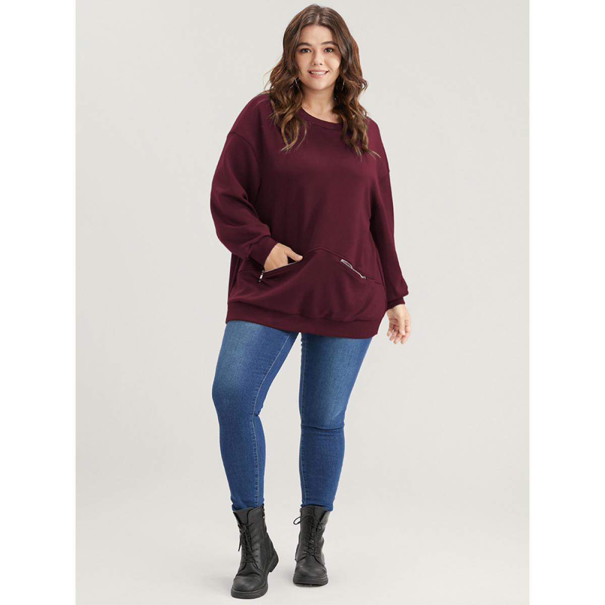 Plus Size Solid Zipper Pocket Drop Shoulder Sweatshirt Women Burgundy Casual Zipper Round Neck Dailywear Sweatshirts BloomChic 10/M Product Image