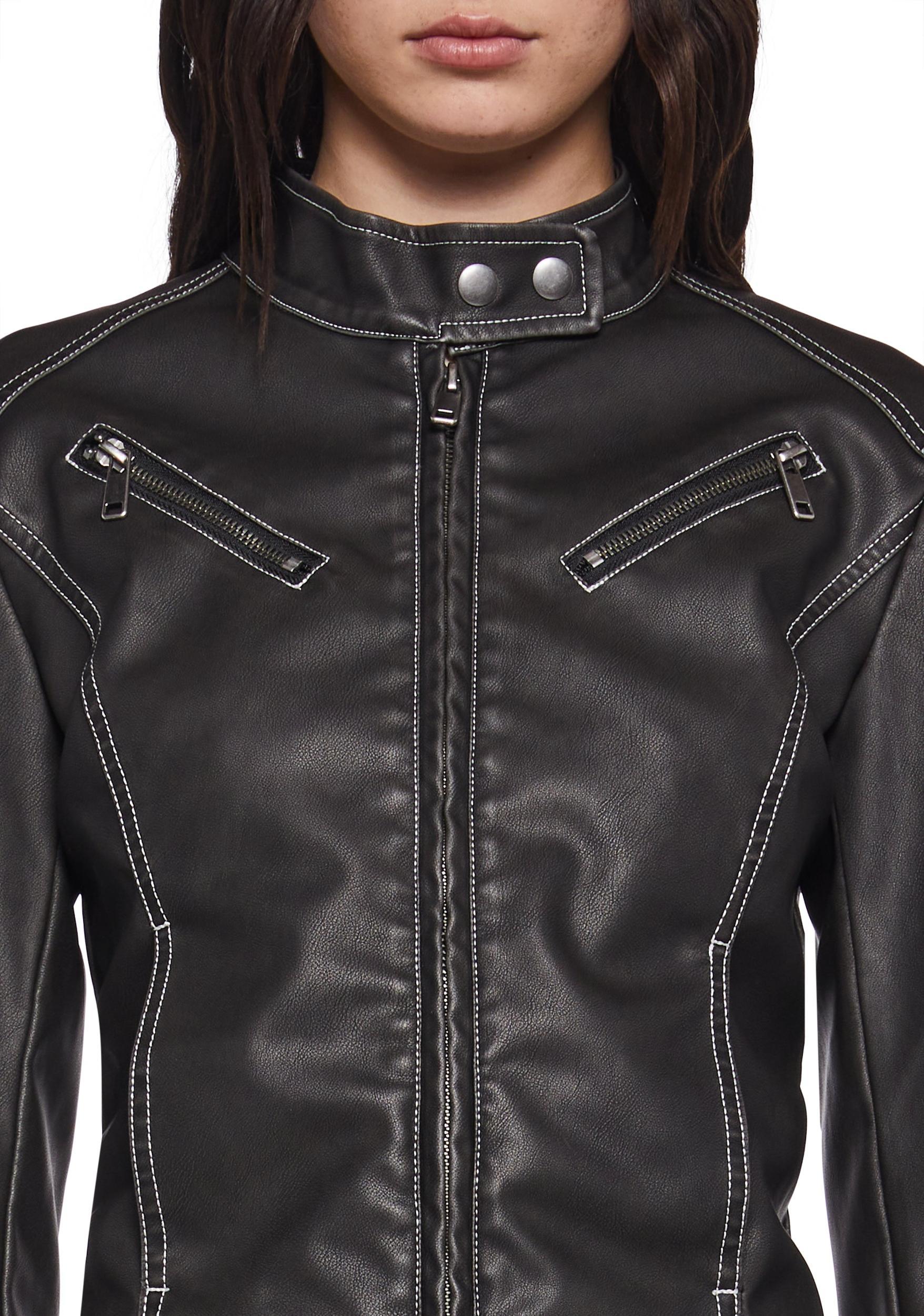 Generation Kiss Washed Vegan Leather Moto Jacket - Black Product Image