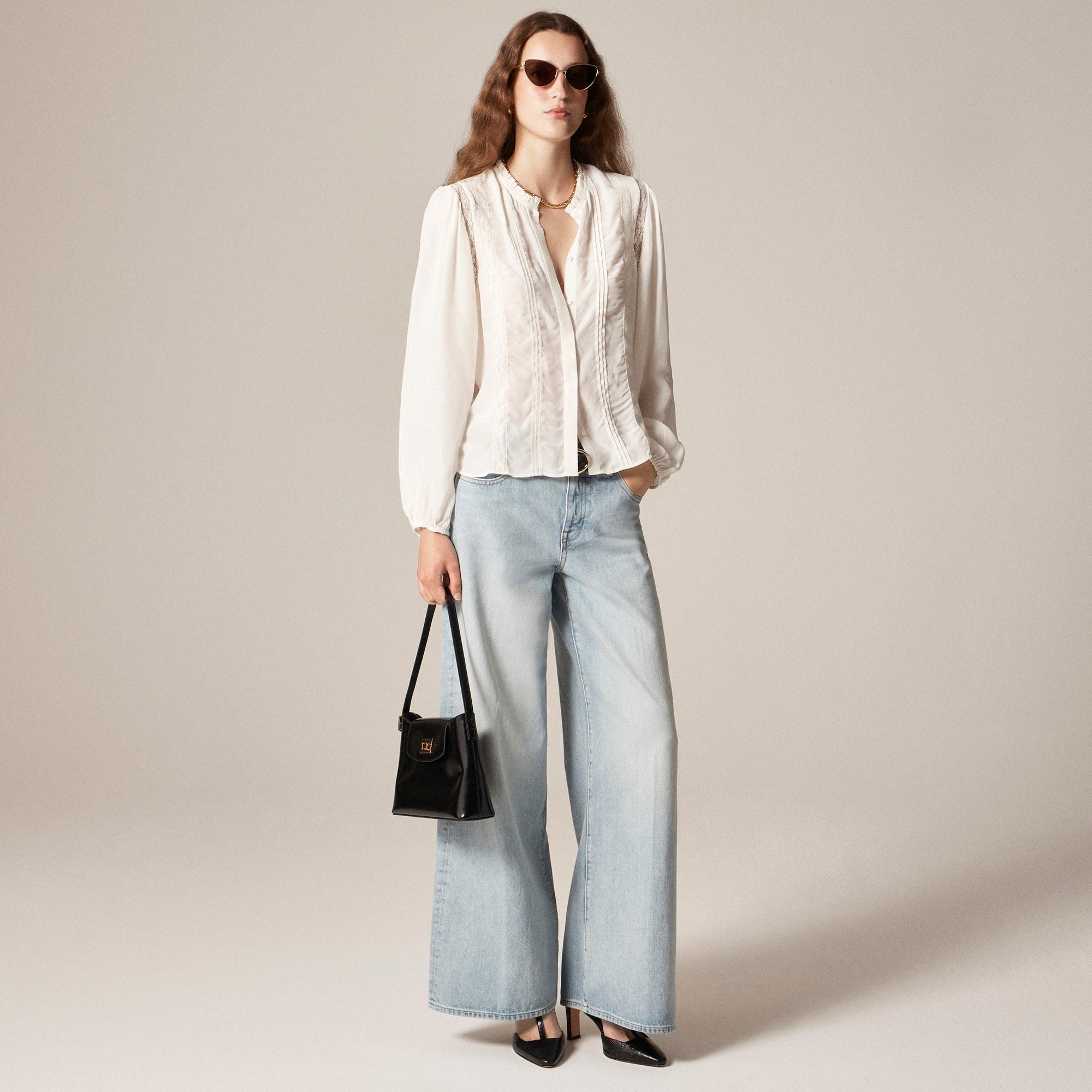 Lace-trim pintuck top in crepe de chine Product Image