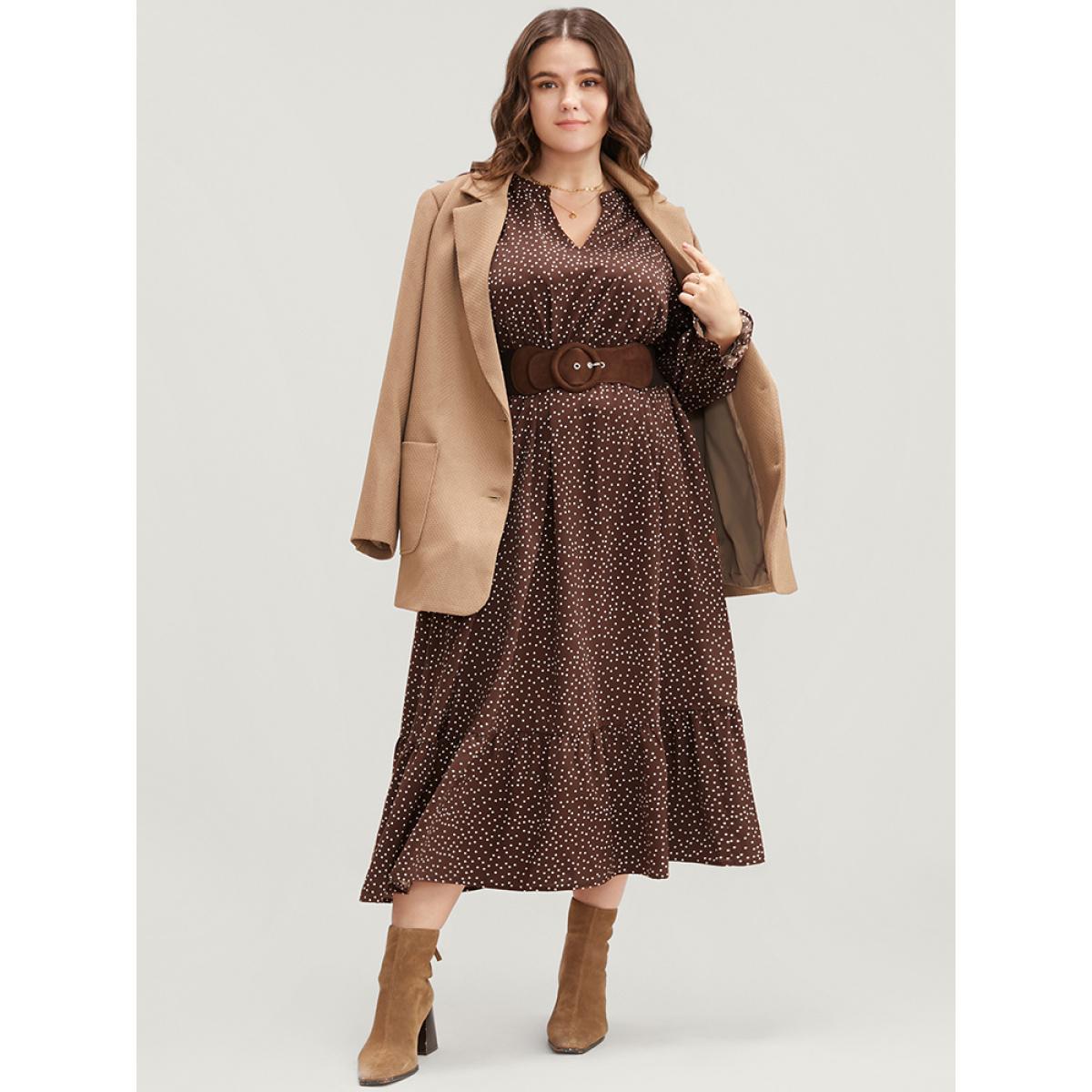 Plus Size Polka Dot Pocket Lantern Sleeve Flutter Hem Dress DarkBrown Women Elegant Pocket V-neck Long Sleeve Curvy Midi Dress BloomChic 22-24/3X Product Image