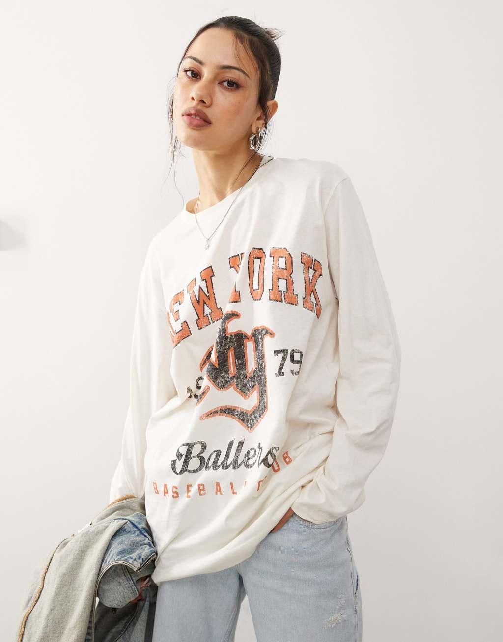 COLLUSION long sleeve relaxed washed out New York t-shirt Product Image