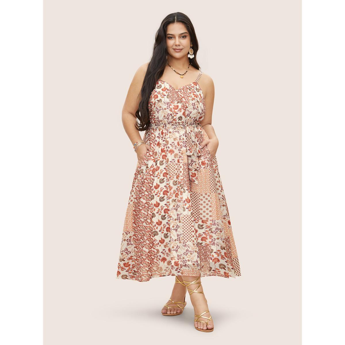 Plus Size Chiffon Boho Print Wrap Belted Cami Dress Originalwhite Women Elegant Non Spaghetti Strap Sleeveless Curvy Midi Dress BloomChic 28/5X Product Image