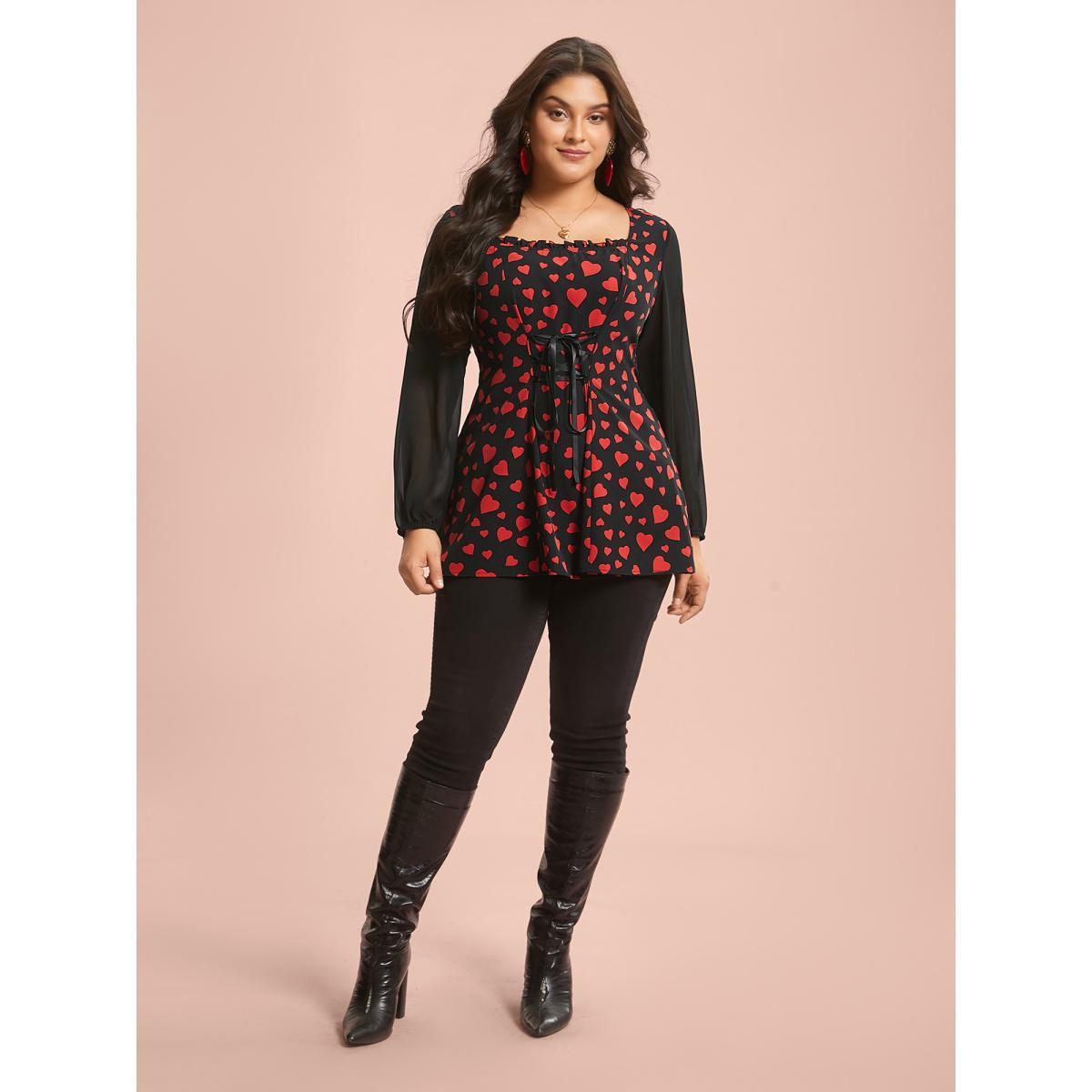 Plus Size Black Heart Print Patchwork Waist-Tie Blouse Women Elegant Extra Long Sleeve Square Neck Everyday Blouses BloomChic 14-16/1X Product Image