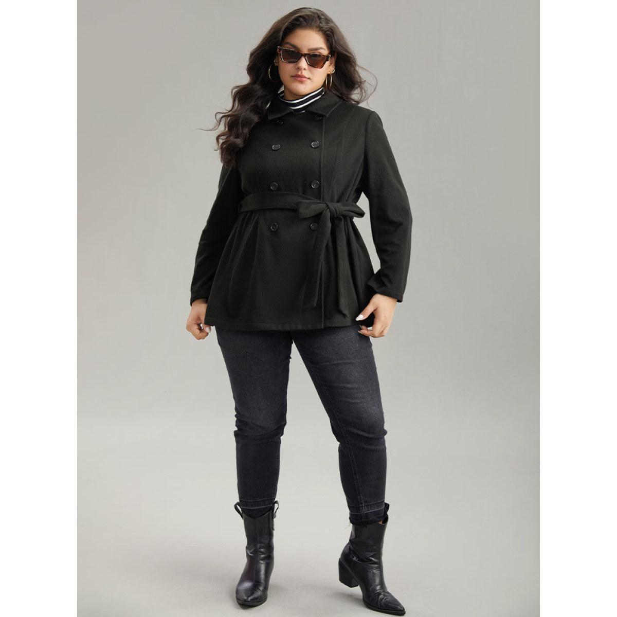 Plus Size Plain Belted Double Breasted Pocket Coat Women Black Casual Plain Ladies Dailywear Winter Coats BloomChic 18-20/2X Product Image