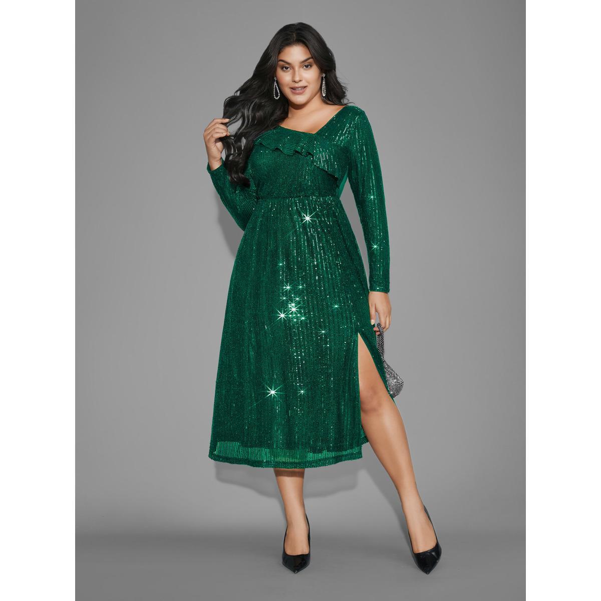 Plus Size Sequin Mesh Asymmetrical Neck Midi Dress DarkGreen Women Cocktail Texture Party Curvy Bloomchic 18-20/2X Product Image