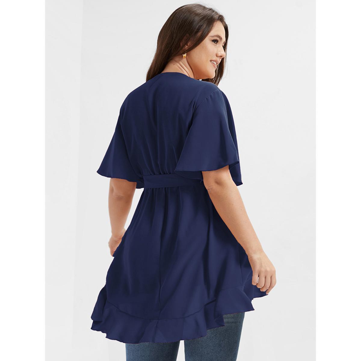 Plus Size DarkBlue Solid Belted Asymmetrical Hem Flutter Wrap Blouse Women Elegant Short sleeve V-neck Dailywear Blouses BloomChic 10/M Product Image