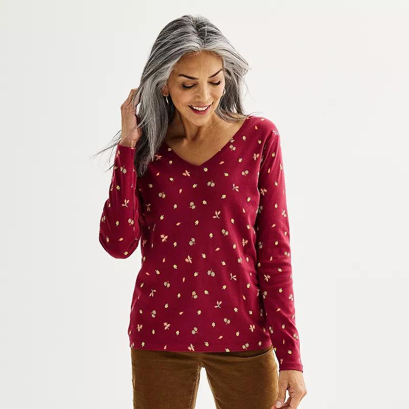 Women's Croft & Barrow® Essential Long Sleeve V-Neck Tee, Size: Medium, Red Medallion Product Image