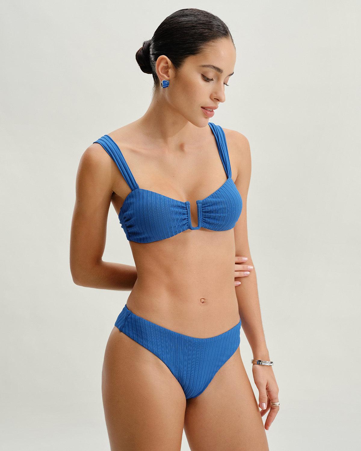 Blue Textured Low Waisted Bikini Bottoms Product Image
