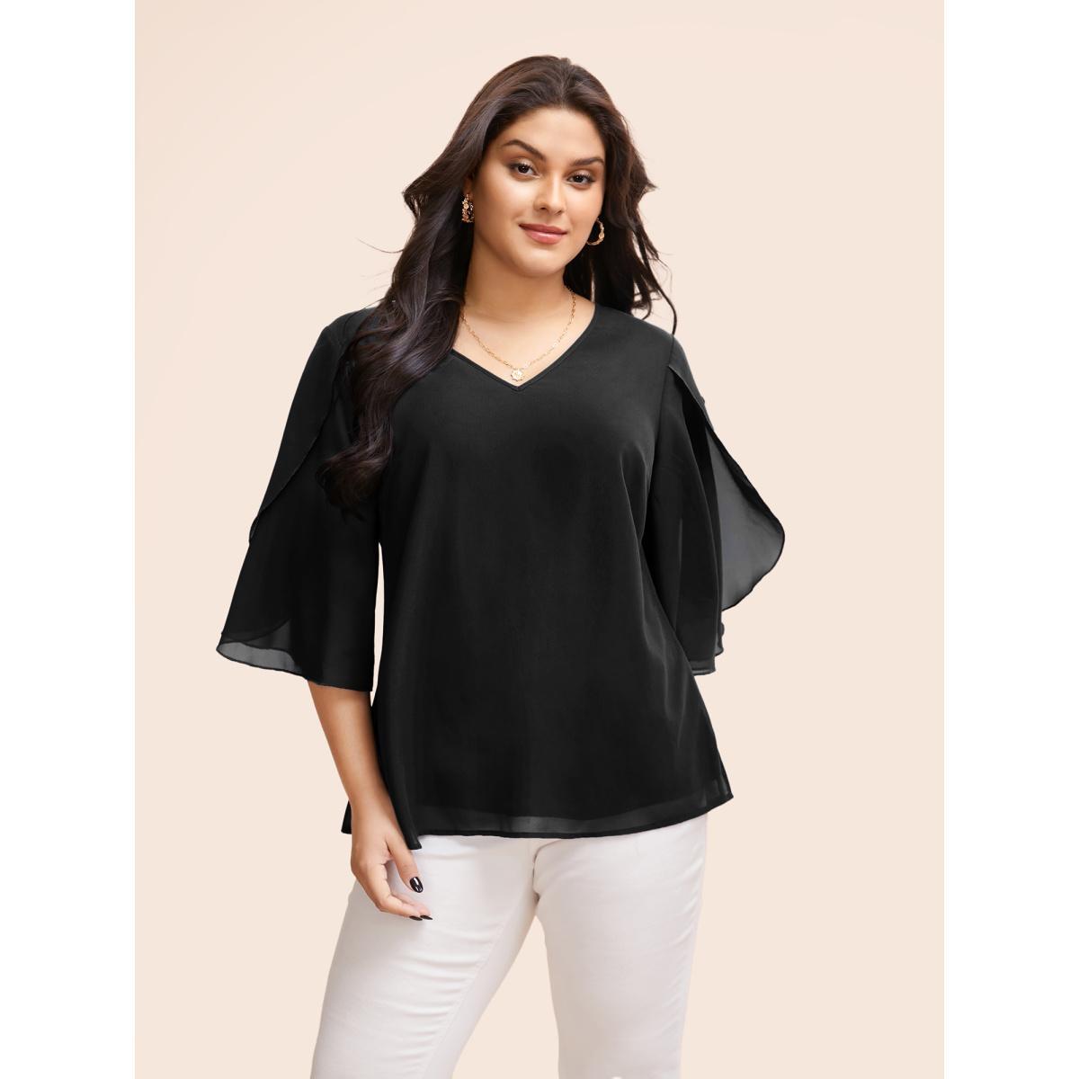Plus Size Black Chiffon Gathered Petal Sleeve Blouse Women Elegant Elbow-length sleeve V-neck Everyday Blouses BloomChic 30/6X Product Image