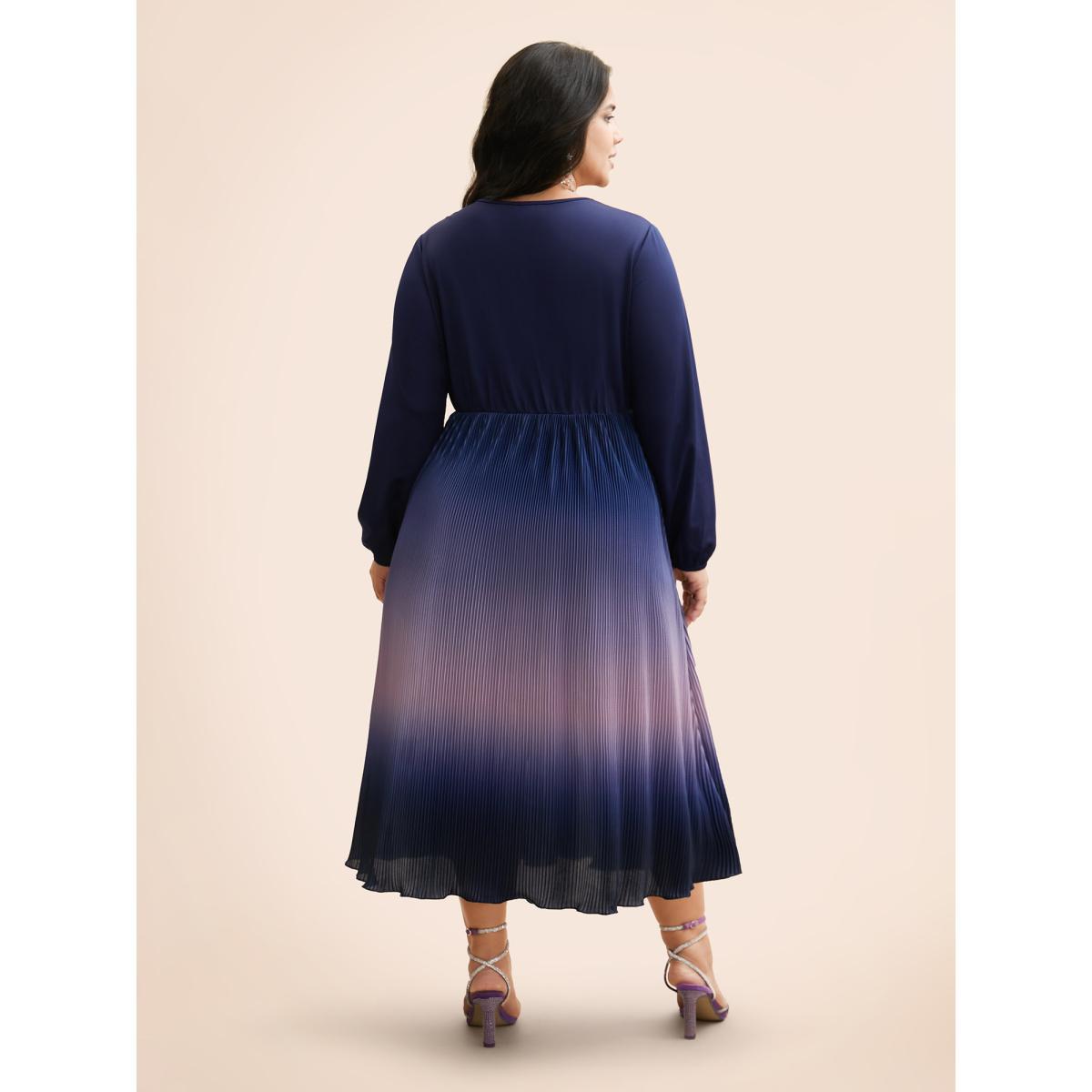 Plus Size Overlap Collar Ombre Patchwork Pleated Dress Navy Women Cocktail Texture Party Curvy Bloomchic 14-16/1X Product Image