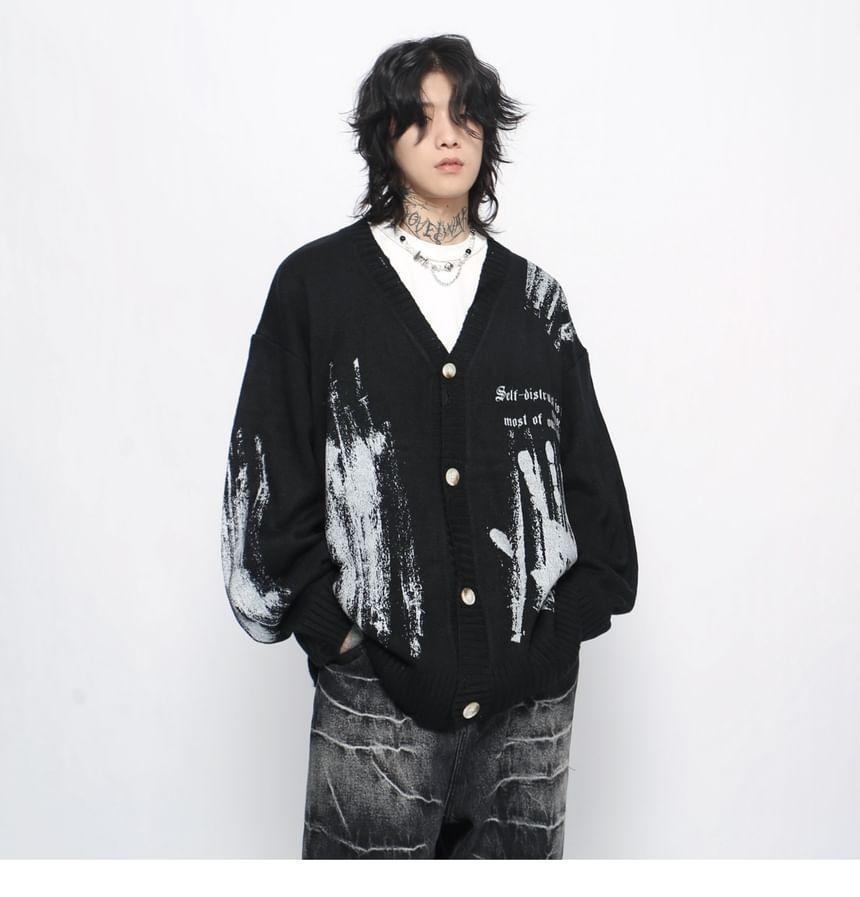 V-Neck Lettering Hand Print Cardigan Product Image
