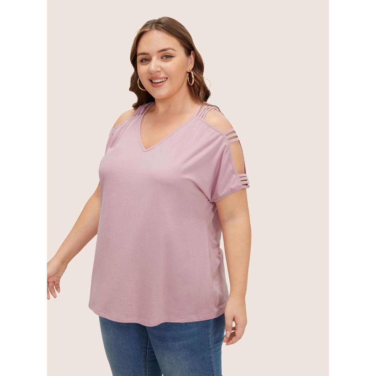 Plus Size Solid Cut Out Batwing Sleeve T-shirt Rouge Women Resort Cut-Out Plain V-neck Vacation T-shirts BloomChic 18-20/2X Product Image