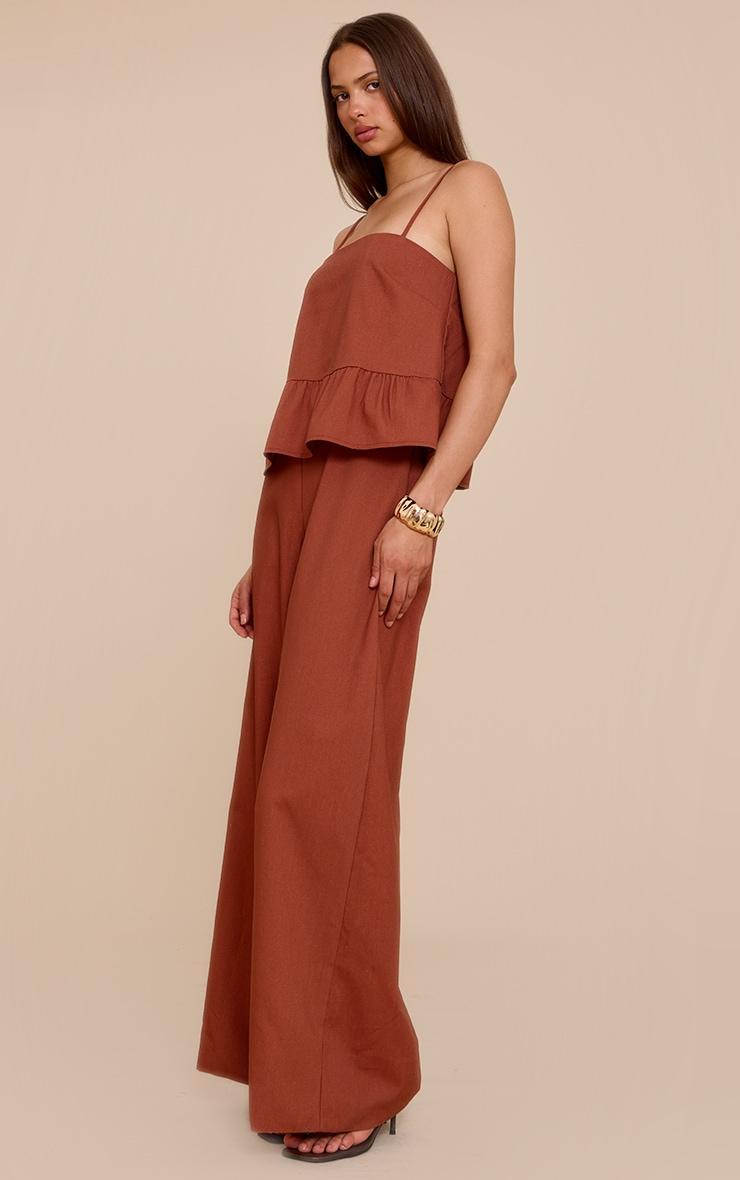 Rust Linen Blend Peplum Detail Overlay Jumpsuit Product Image