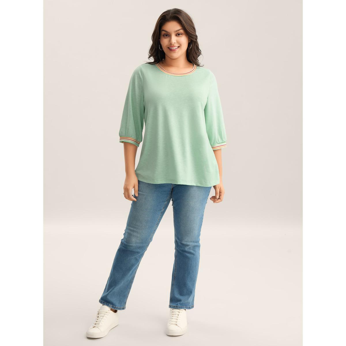 Plus Size Plain Puff Sleeve Crew Neck T-Shirt Greenbean Women Contrast Round Neck Everyday-Casual T-shirts BloomChic 30/6X Product Image