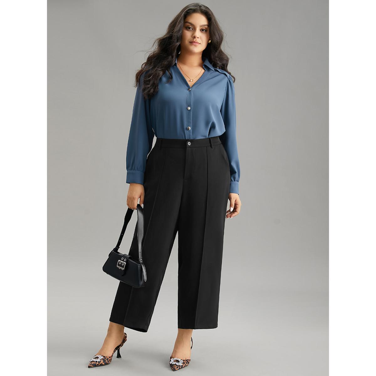 Plus Size Static-Free Solid Seam Detail Button Up Pants Women Black Office Straight Leg High Rise Work Pants BloomChic 14-16/1X Product Image