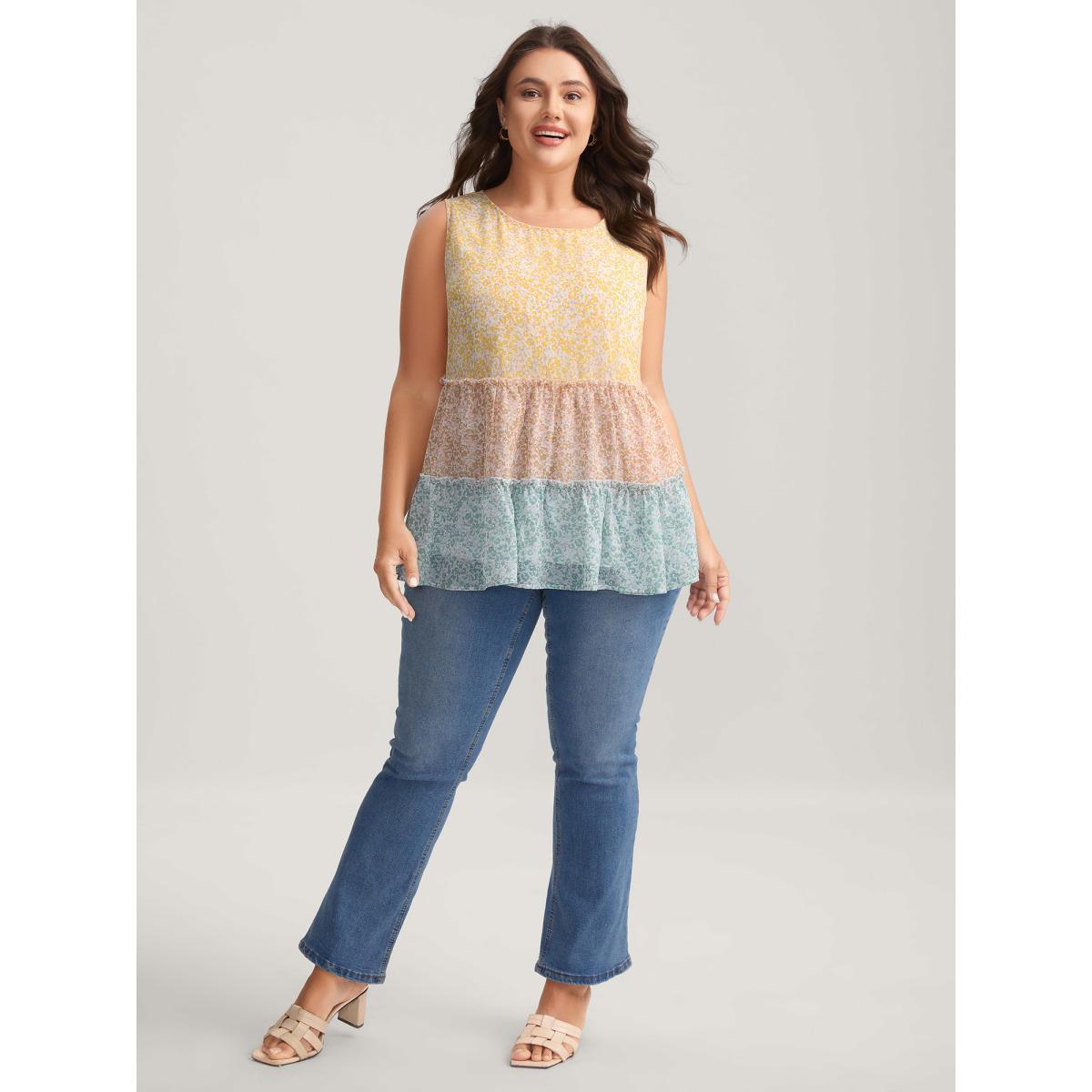 Plus Size Chiffon Color Block Tiered Tank Top Women Multicolor Gathered Round Neck Everyday-Elegant Tank Tops Camis BloomChic 12/L Product Image