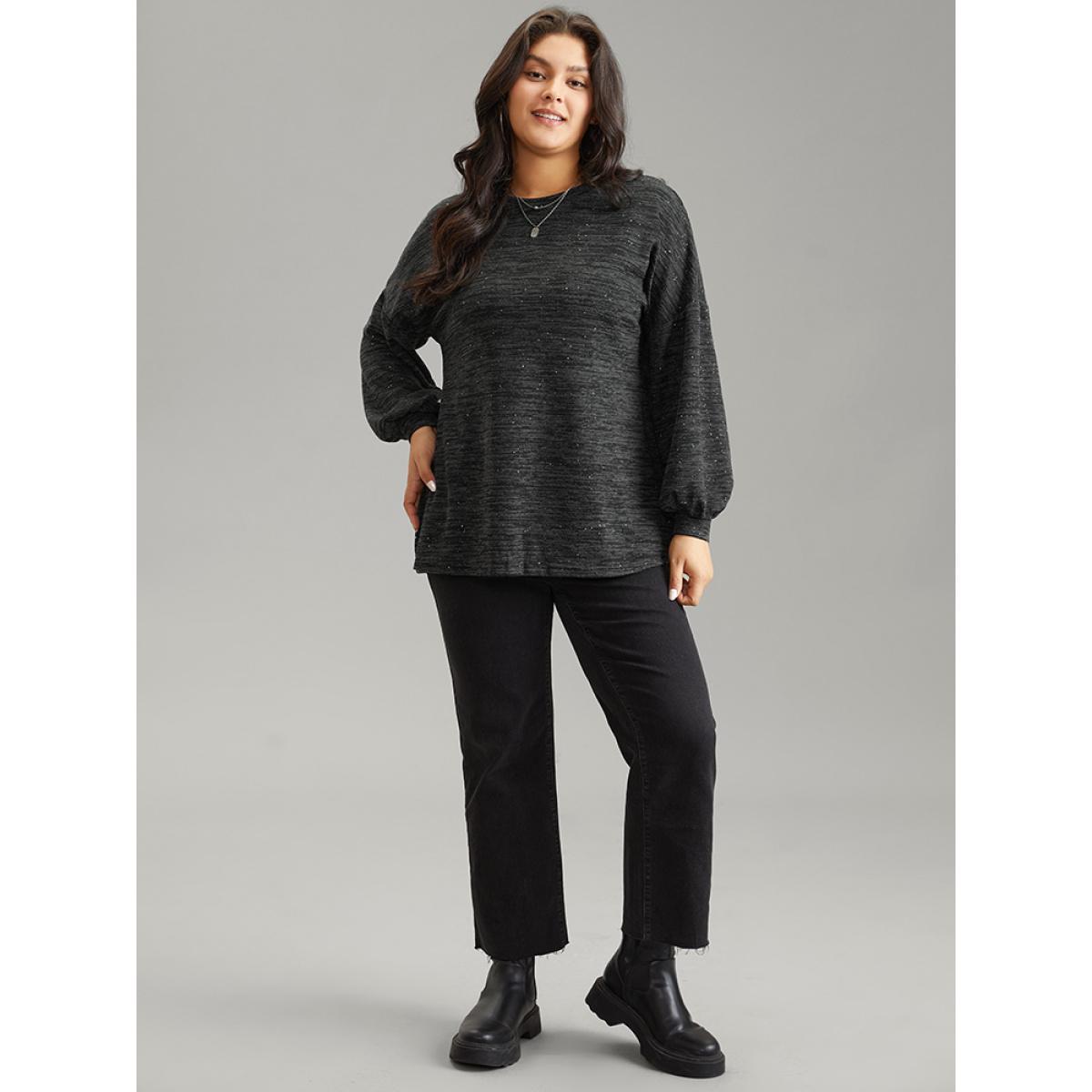 Plus Size Sequin Lantern Sleeve Drop Shoulder Sweatshirt Women DimGray Casual Sequin Round Neck Dailywear Sweatshirts BloomChic 14-16/1X Product Image