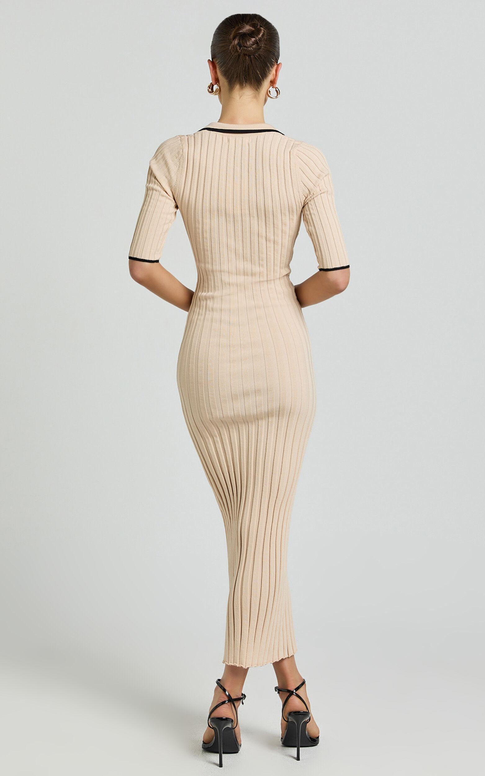 Lada Midi Dress - Short Sleeve Button Front Knit Dress in Cream/Black Product Image