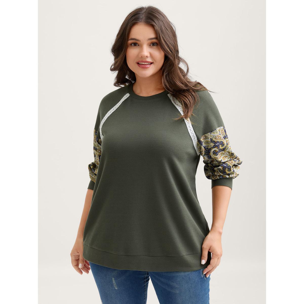 Plus Size Paisley Sleeve Textured Contrast Sweatshirt Women ArmyGreen Woven ribbon&lace trim Round Neck Everyday-Casual Sweatshirts BloomChic 12/L Product Image