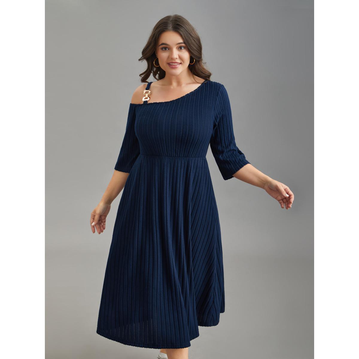 Plus Size One-Shoulder Pit-Strip Knit Buckle Midi Dress DarkBlue Women Casual Texture Knit Dresses Bloomchic 22-24/3X Product Image