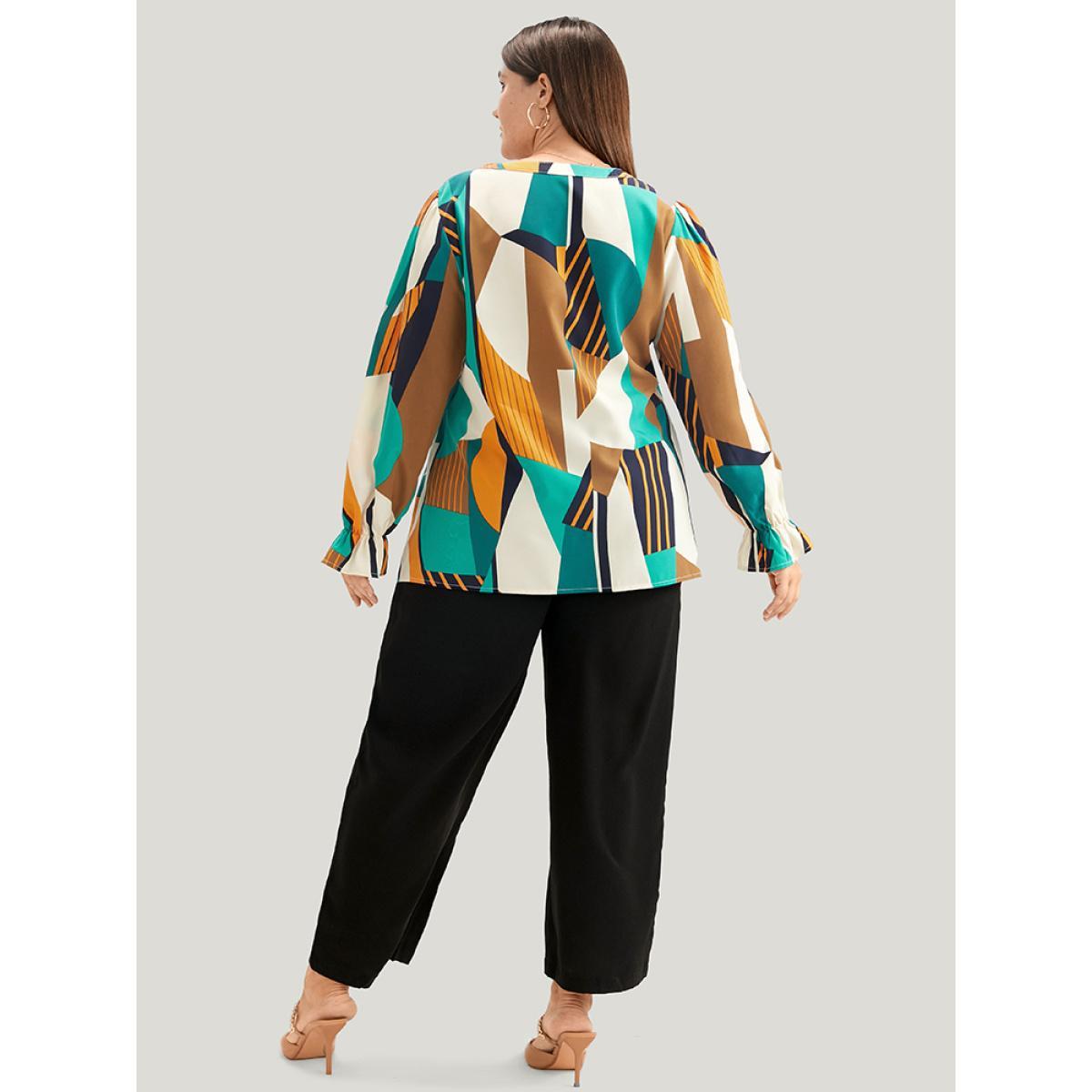 Plus Size Multicolor Geometric Print V Neck Blouse Women Office Long Sleeve V-neck Work Blouses BloomChic 22-24/3X Product Image