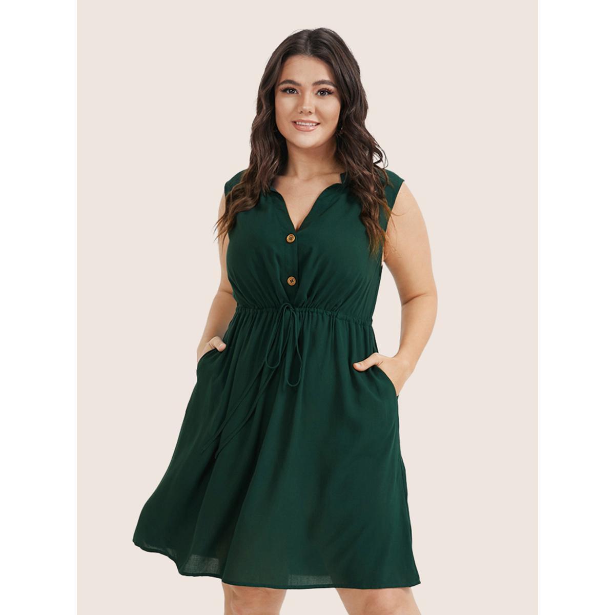 Plus Size Plain Ties Front Button Pocket V Neck Dress DarkGreen Women Work From Home Button V-neck Sleeveless Curvy Knee Dress BloomChic 10/M Product Image