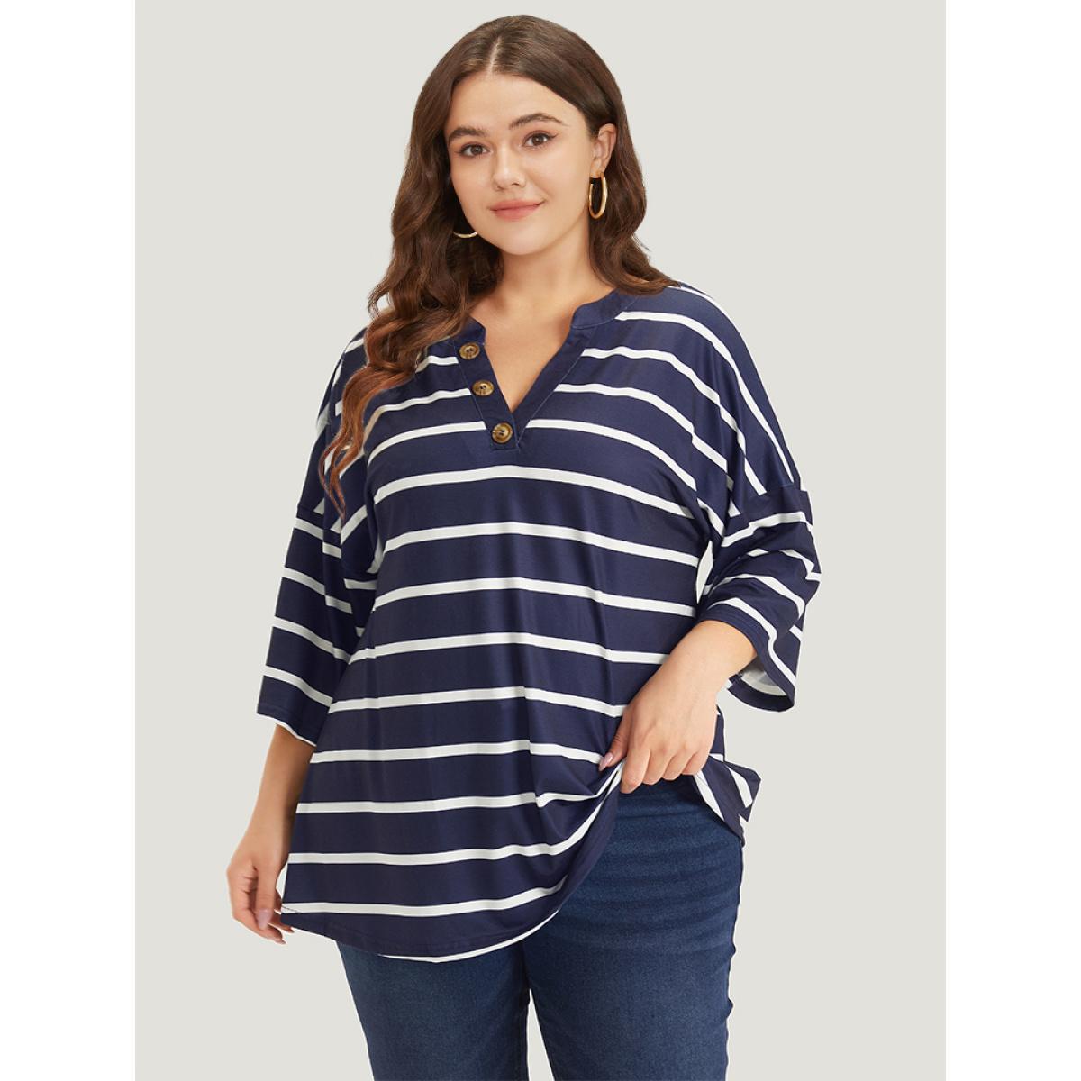 Plus Size Striped Print Button Detail Notched T-shirt Blue Women Casual Button Striped Notched collar Dailywear T-shirts BloomChic 26/4X Product Image
