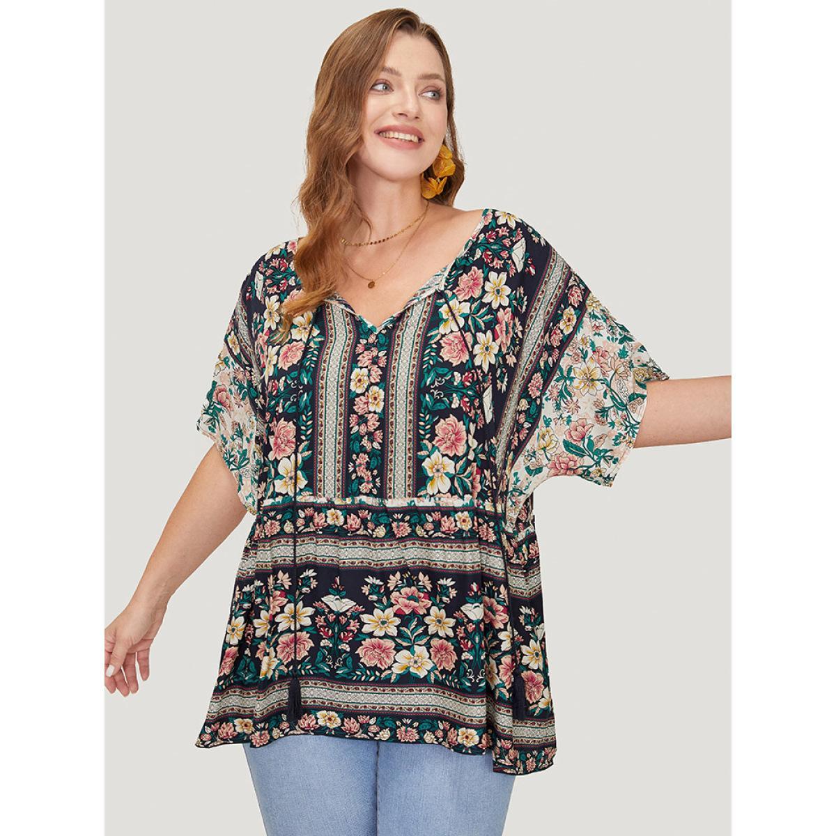 Plus Size Midnight Bandana Print Tie Neck Tassels Batwing Sleeve Blouse Women Vacation Short sleeve Tie Neck Dailywear Blouses BloomChic 18-20/2X Product Image