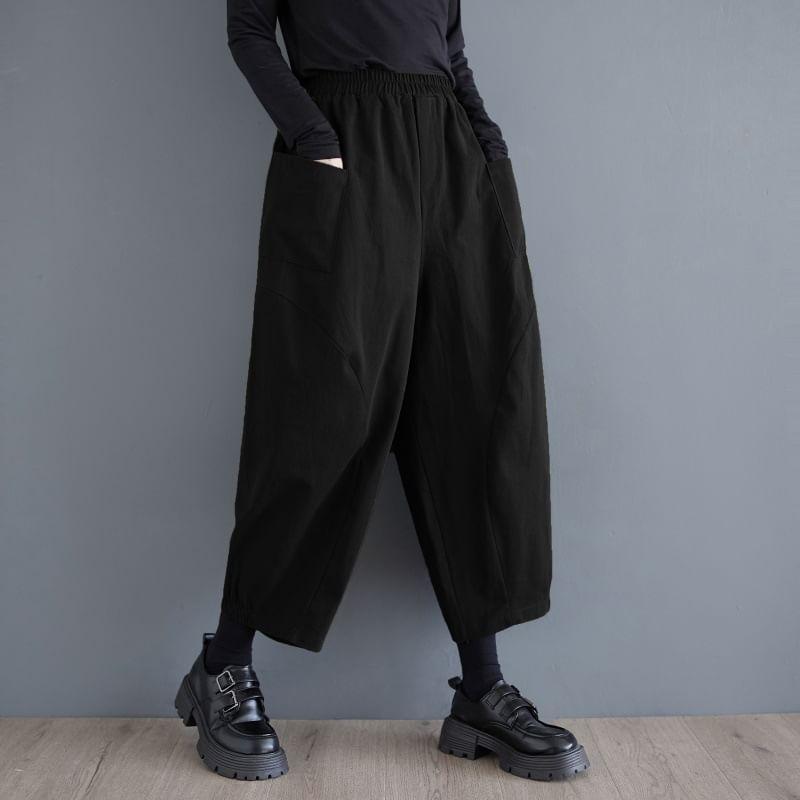 Elastic Waist Plain Cropped Baggy Pants Product Image