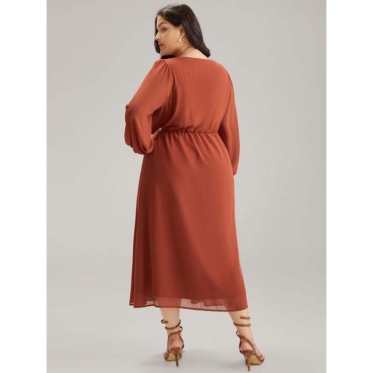 Plus Size Chiffon Plain Split Hem Button Detail Dress Rust Women Elegant Elastic cuffs V-neck Long Sleeve Curvy Midi Dress BloomChic 12/L Product Image
