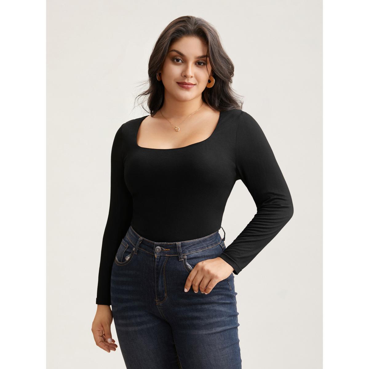 Plus Size Supersoft Essentials Solid U Neck T-shirt Black Women Elegant Non U-neck Skinny Everyday T-shirts BloomChic 30/6X Product Image