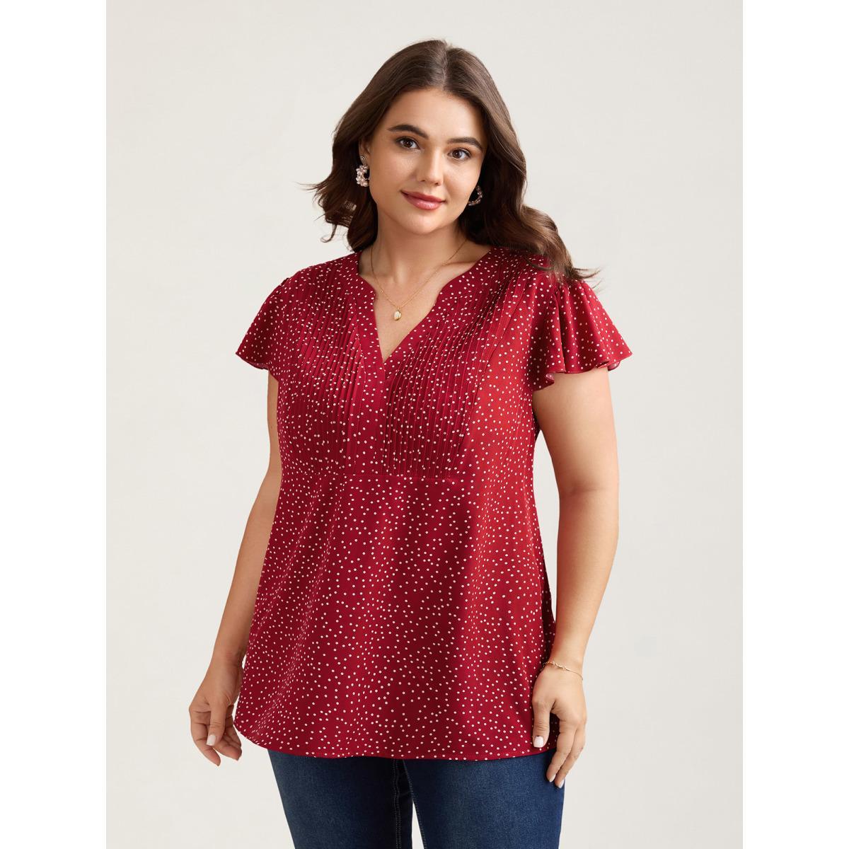Plus Size Raspberry Polka Dot Print Toothpick Pleat Blouse Women Elegant Short sleeve Notched collar Everyday Blouses BloomChic 10/M Product Image