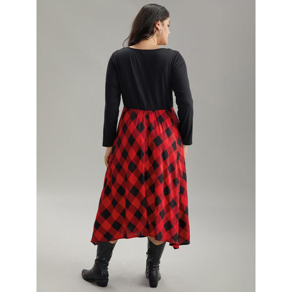 Plus Size Plaid Ruched Drawstring Asymmetrical Hem Dress Black Women Casual Printed Tie Neck Long Sleeve Curvy Midi Dress BloomChic 14-16/1X Product Image