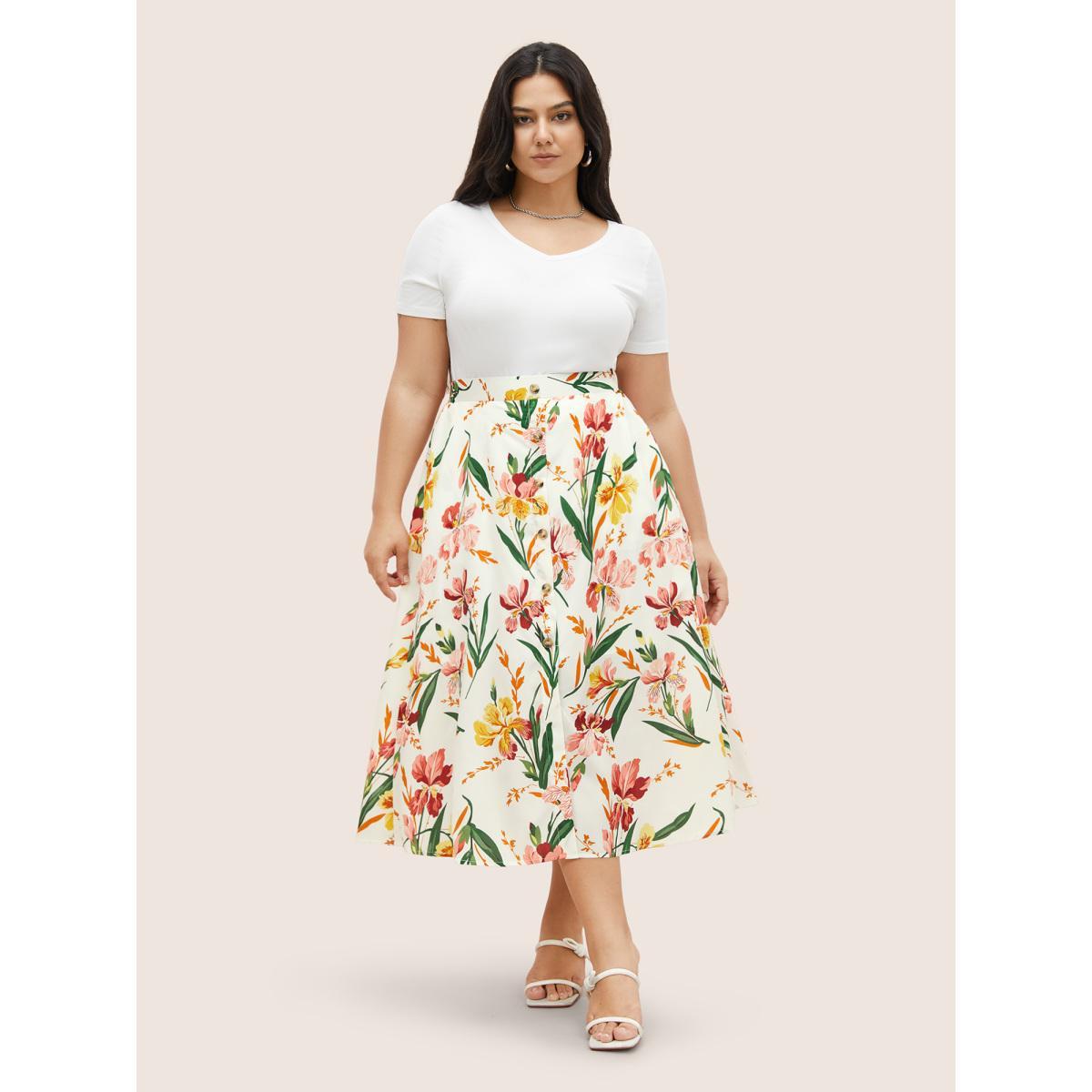 Plus Size Floral Print Button Detail Elastic Waist Pocket Skirt Women White Elegant Button No stretch Slanted pocket Everyday Skirts BloomChic 26/4X Product Image
