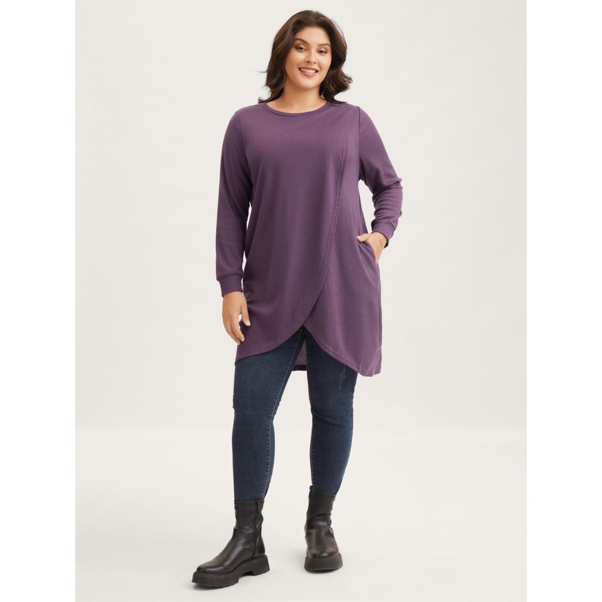 Plus Size Solid Waffle Knit Overlap Hem T-shirt Eggplant Women Casual Overlapping Round Neck Everyday T-shirts BloomChic 26/4X Product Image