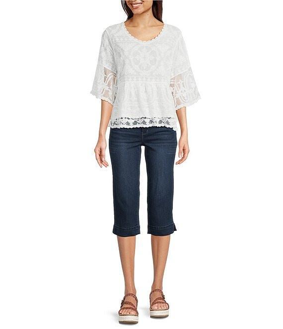 Democracy Allover Embroidered Scoop Neck 3/4 Sleeve Scallop edge Double Layer Hem Peplum Top Product Image