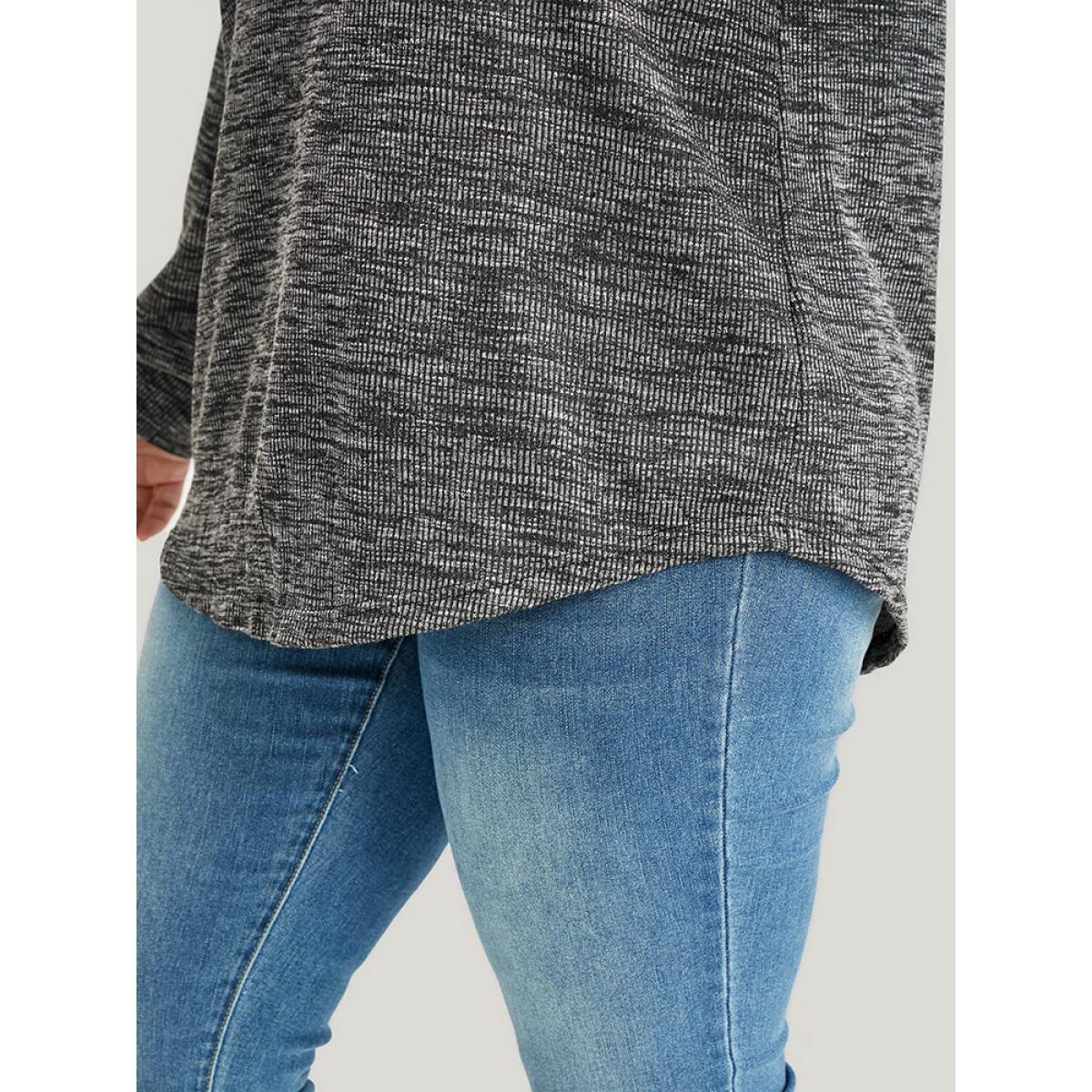 Plus Size Solid O Ring Zip Rib Knit Long Tee DimGray Women Elegant Zipper Plain Lapel Collar Dailywear T-shirts BloomChic 10/M Product Image