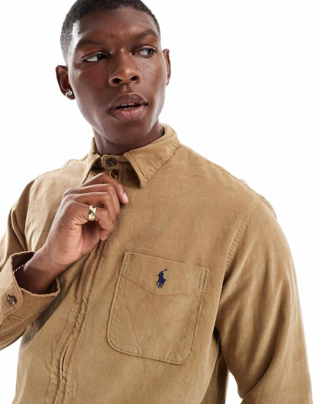 Polo Ralph Lauren icon logo zip front cord overshirt classic oversized fit in tan Product Image