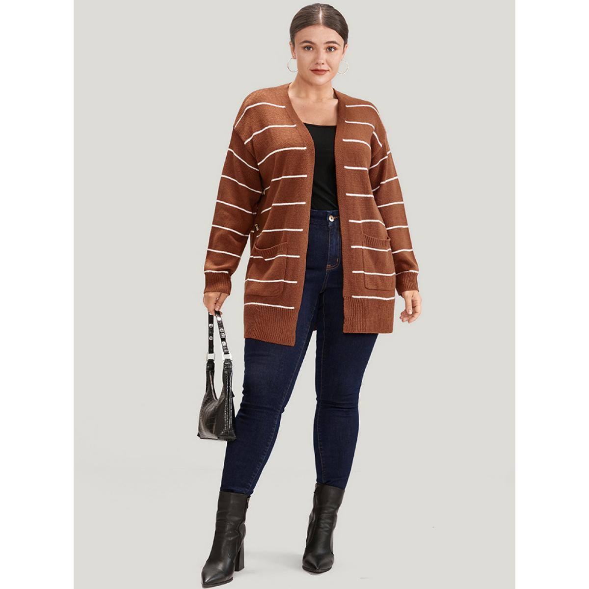 Plus Size Striped Pointelle Knit Button Side Pocket Open Front Cardigan Rust Women Casual Loose Long Sleeve Work Cardigans BloomChic 28/5X Product Image