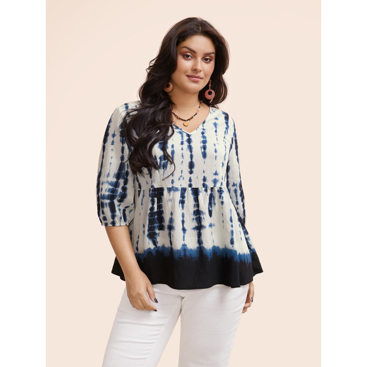 Plus Size Navy Tie Dye V Neck Gathered Blouse Women Resort Elbow-length sleeve V-neck Vacation Blouses BloomChic 26/4X Product Image