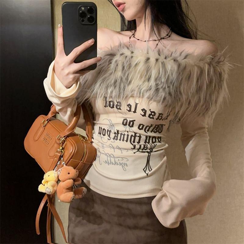 Long-Sleeve Furry Trim Lettering Top Product Image