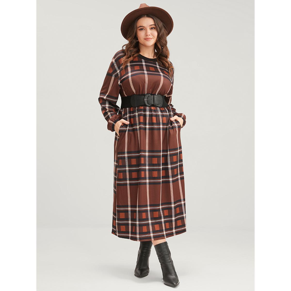 Plus Size Plaid Patchwork Round Neck Lantern Sleeve Pocket Midi Dress Tan Women Casual Patchwork Round Neck Long Sleeve Curvy Midi Dress BloomChic 18-20/2X Product Image