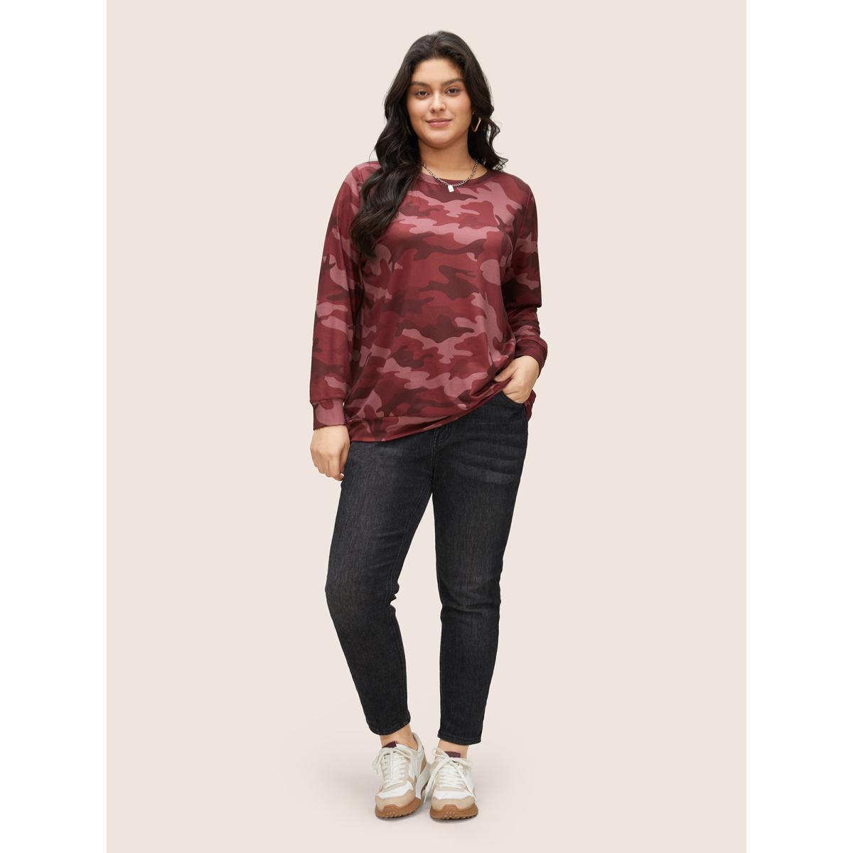 Plus Size Camo Print Crew Neck Sweatshirt Women Russet Casual Contrast Round Neck Everyday Sweatshirts BloomChic 22-24/3X Product Image