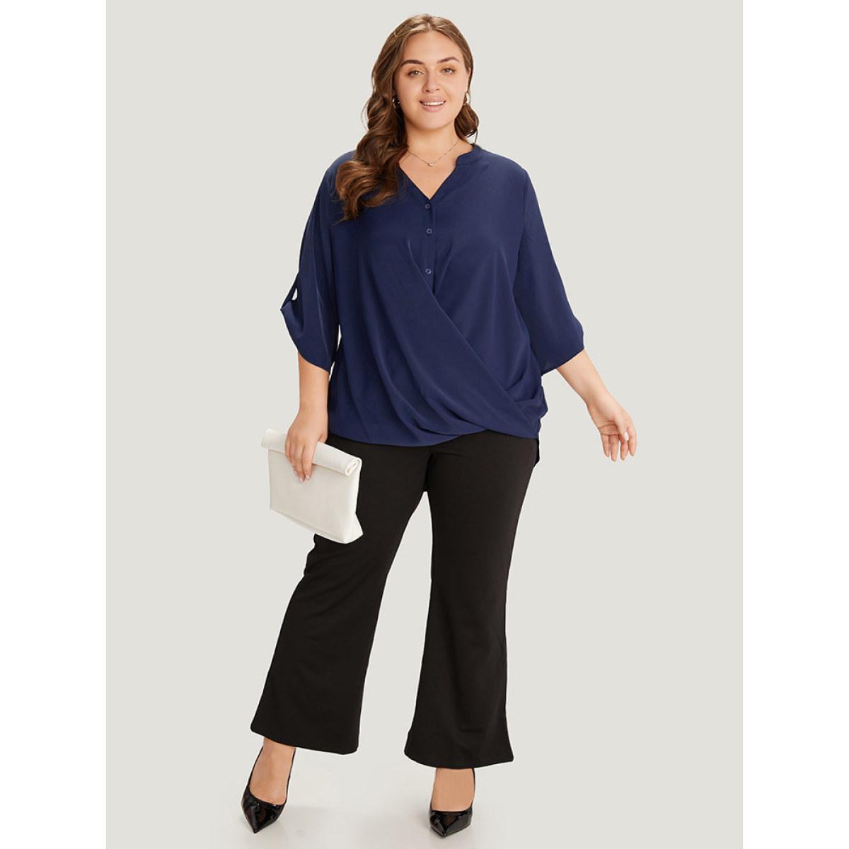 Plus Size Indigo Solid Button Up Notched Crossover Hem Blouse Women Office Elbow-length sleeve Notched collar Work Blouses BloomChic 30/6X Product Image