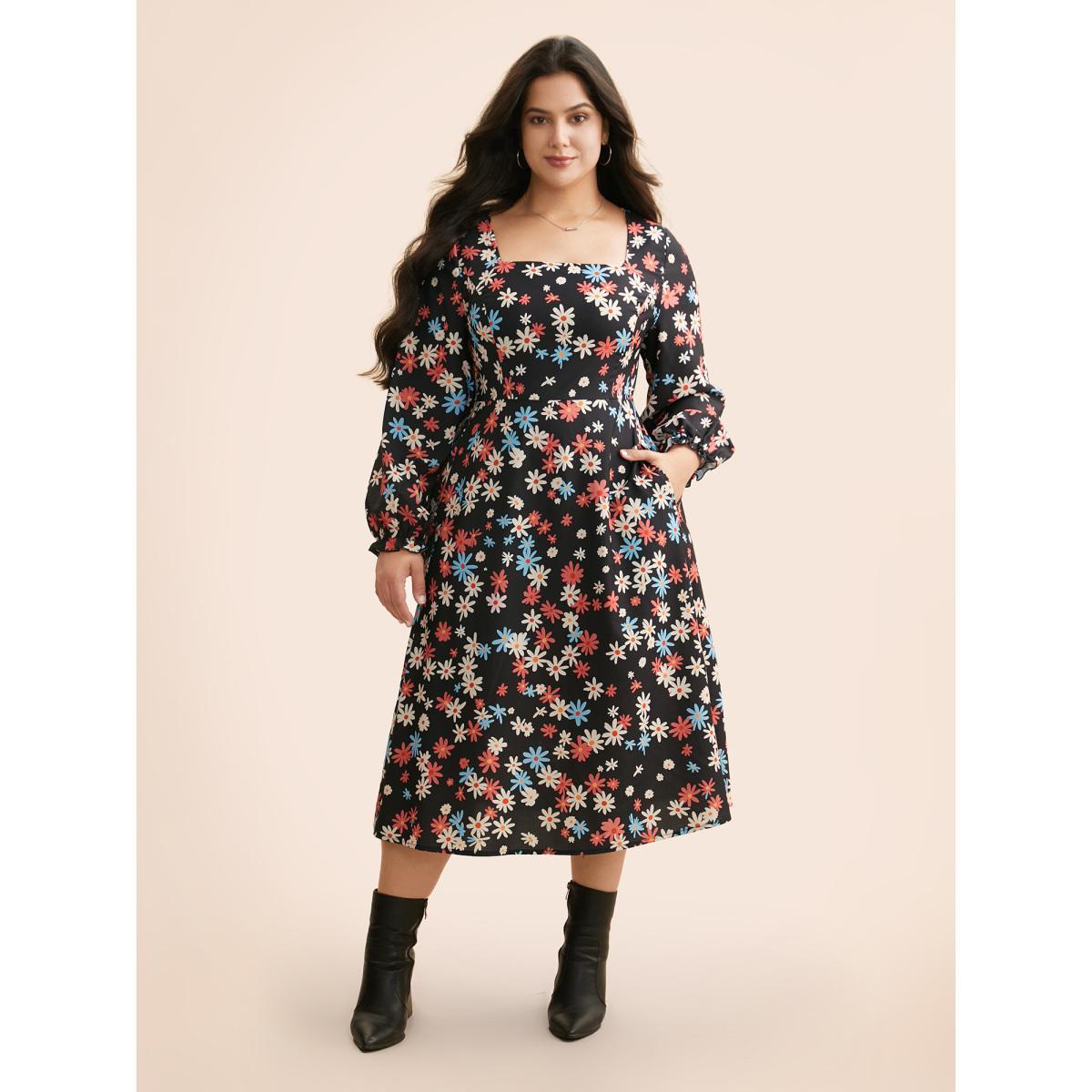 Plus Size Floral Square Neck Lantern Sleeve Dress BlackFlower Women Elegant Ruffles Square Neck Long Sleeve Curvy BloomChic 14-16/1X Product Image