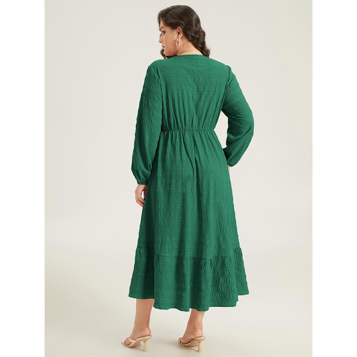 Plus Size Solid Shirred Plisse Flutter Hem Dress DarkGreen Women Elegant Elastic cuffs V-neck Long Sleeve Curvy Midi Dress BloomChic 12/L Product Image