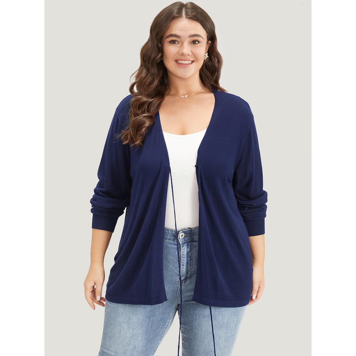 Plus Size Supersoft Essentials Plain Tie Front Elastic Cuffs Cardigan Indigo Women Casual Loose Long Sleeve Everyday Cardigans BloomChic 14-16/1X Product Image