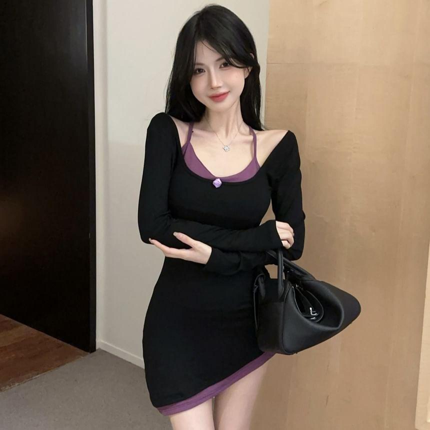 Mock Two-Piece Long-Sleeve Halter Two Tone Asymmetrical Mini Sheath Dress Product Image