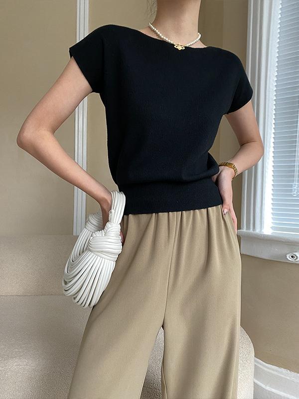 Stylish Loose Solid Color Boat Neck Knitwear Pullovers Tops Product Image